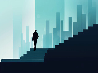 A businessperson in a suit walking up a set of stairs with a chart in their hand looking to the future.. AI generation.
