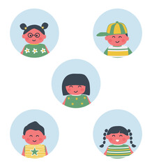 Set of children icons. Five different images of children. Baby girls and baby boys. Cute cartoon characters. Vector illustration