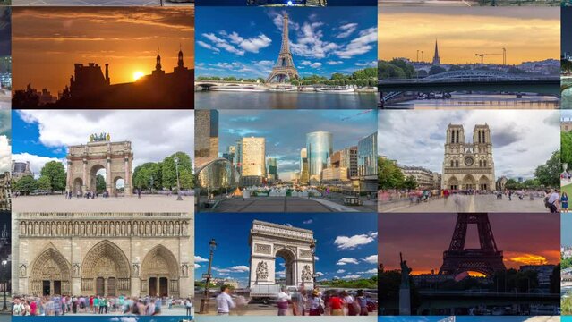 Multi Screen Collage of Paris timelapse hyperlapse, France. Collection of footage with the most famous parisian landmarks: Eiffel tower, Triumphal Arch, Notre Dame, defense skyscrapers zoom in
