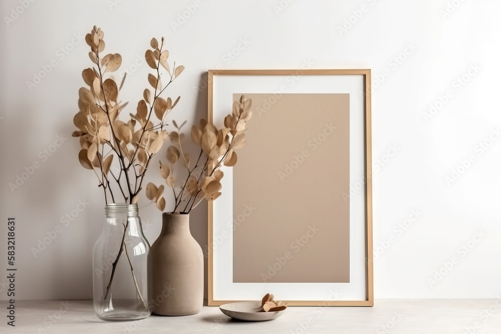 Poster a picture frame sitting next to two vases with dried plants in them on a table with a bowl of dried 