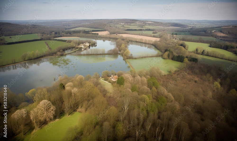 Poster  an aerial view of a lake surrounded by trees and a house in the middle of the picture with a lot of water in the foreground.  generative ai