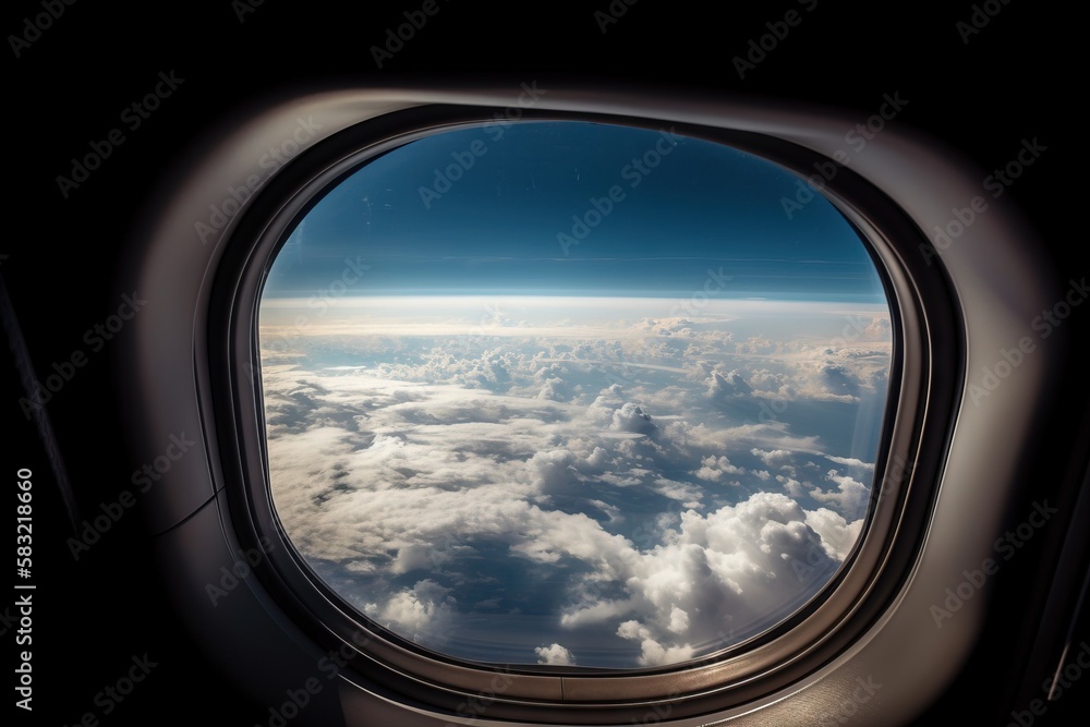 Poster an airplane window with a view of the clouds outside of the plane's window sill in the foreground is