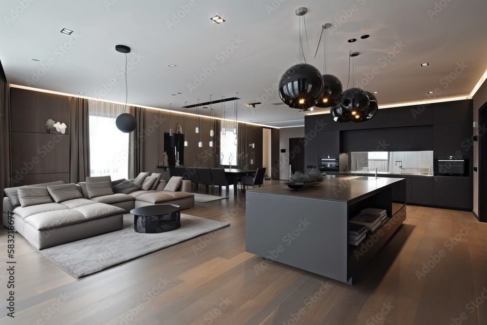 Aufkleber a living room with a couch a table and a chair and a table with a lamp on top of it and a couch in t