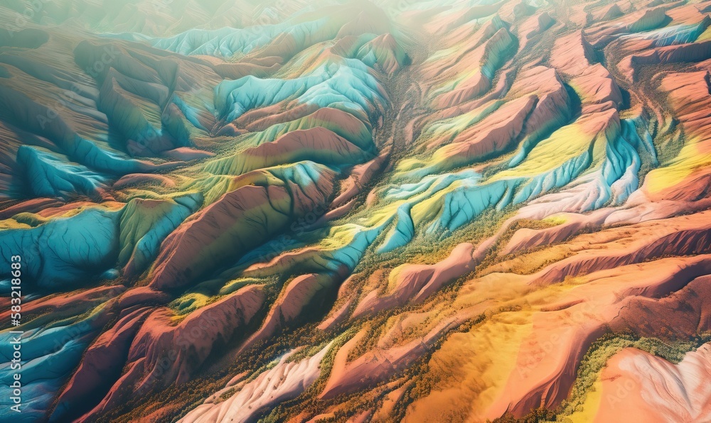 Poster an aerial view of a mountain range with a rainbow colored mountain range in the background and a bri