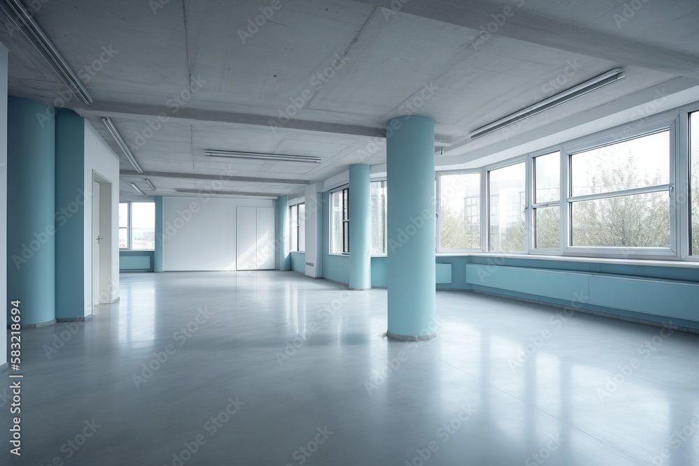 Poster a large empty room with blue columns and a window in the center of the room is a blue column and a w