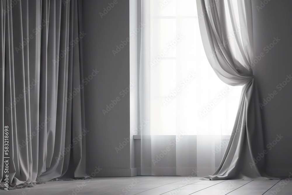 Poster a room with a large window and a curtain with a white drape on the side of the window, and a white f
