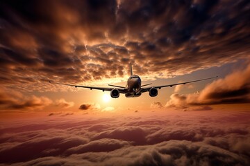 Fototapeta na wymiar an airplane flying in the sky above the clouds at sunset or dawn with the sun setting behind it and the clouds below it, with the plane in the foreground. generative ai