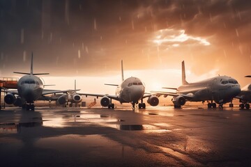 Fototapeta na wymiar a group of airplanes sitting on top of a tarmac under a cloudy sky with rain coming down on them and a few people standing on the tarmac. generative ai