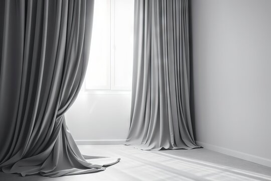  A White Room With A Curtain And A Window With A Light Coming Through The Window And A Curtain On The Side Of The Room Is Drapes.  Generative Ai