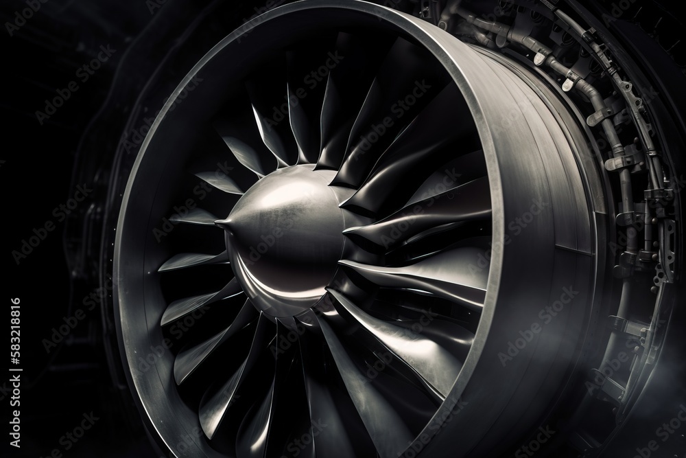 Poster a close up of a jet engine in a dark room the engine is a turbine, with a series of blades that rota