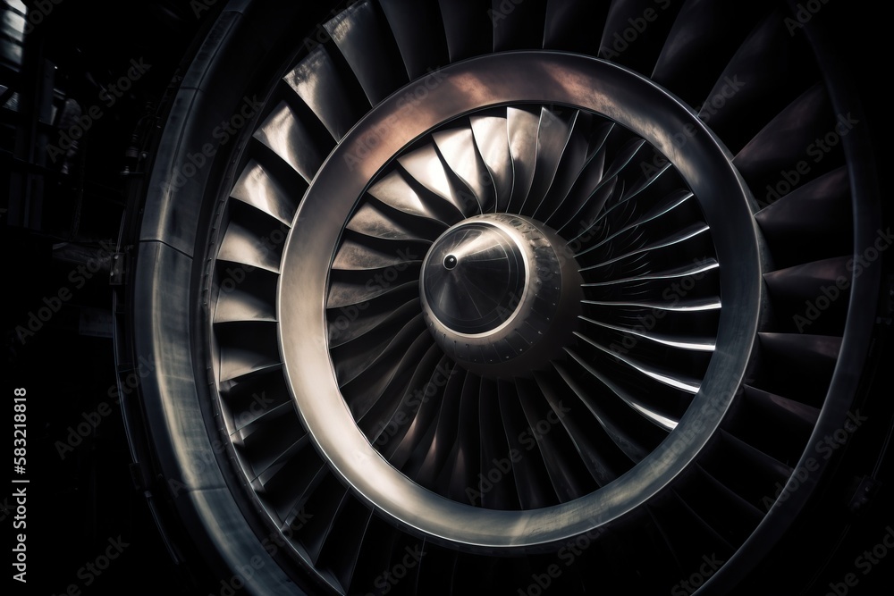 Poster a close up of a jet engine in a dark room with light coming from the window and the turbine visible 