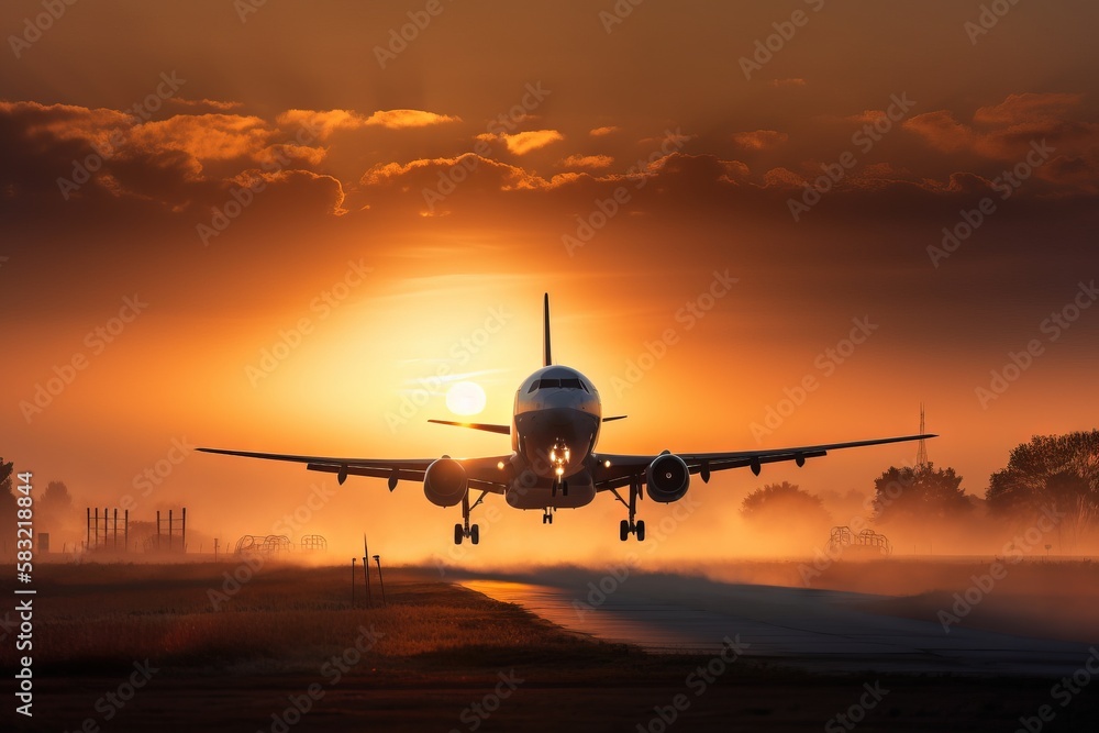 Poster a plane is taking off from a runway at sunset or dawn with the sun in the background and clouds in t