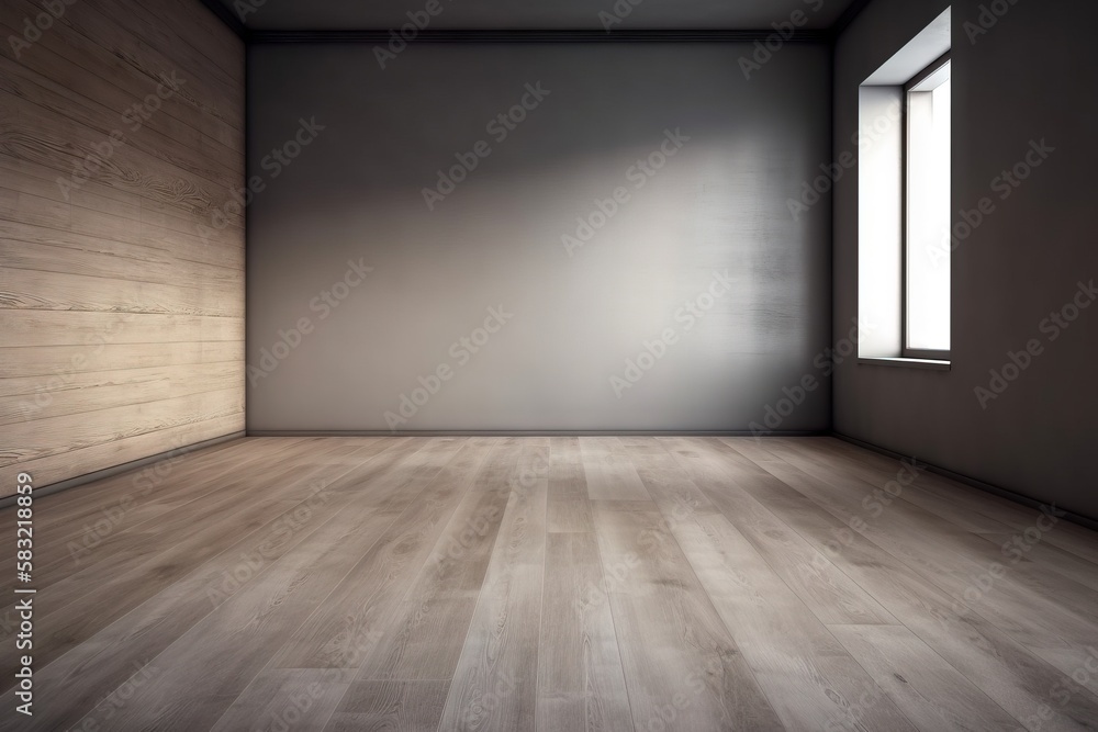 Poster an empty room with a wooden floor and a window in the corner of the room with light coming through t