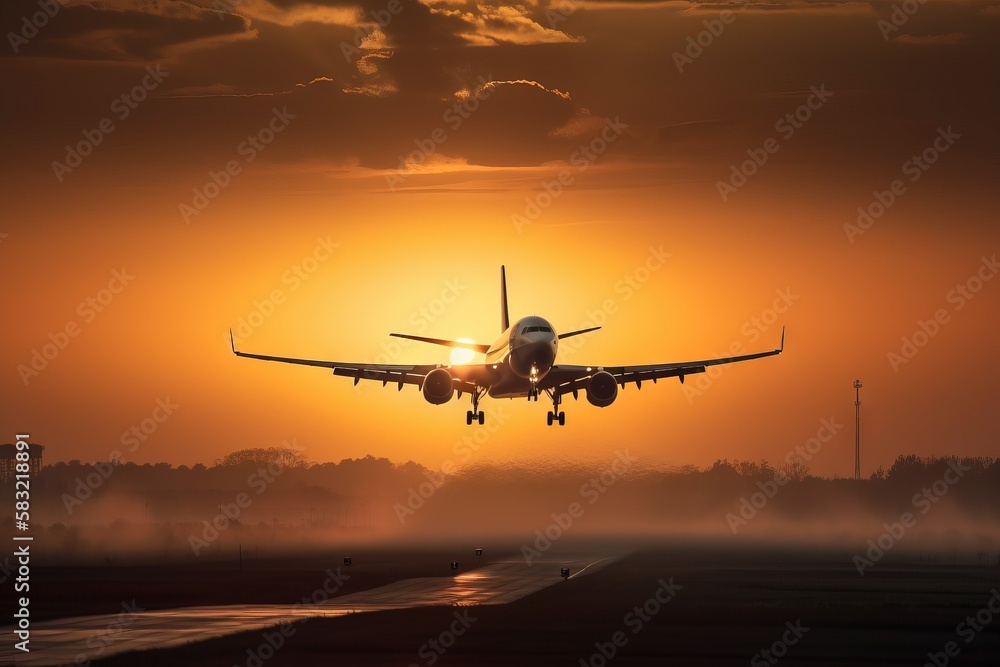 Aufkleber a large jetliner flying through a cloudy sky over a runway at sunset with the sun setting behind the