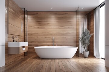Naklejka na ściany i meble a large white bath tub sitting in a bathroom next to a sink and a mirror on a wall next to a wooden floor and a plant. generative ai