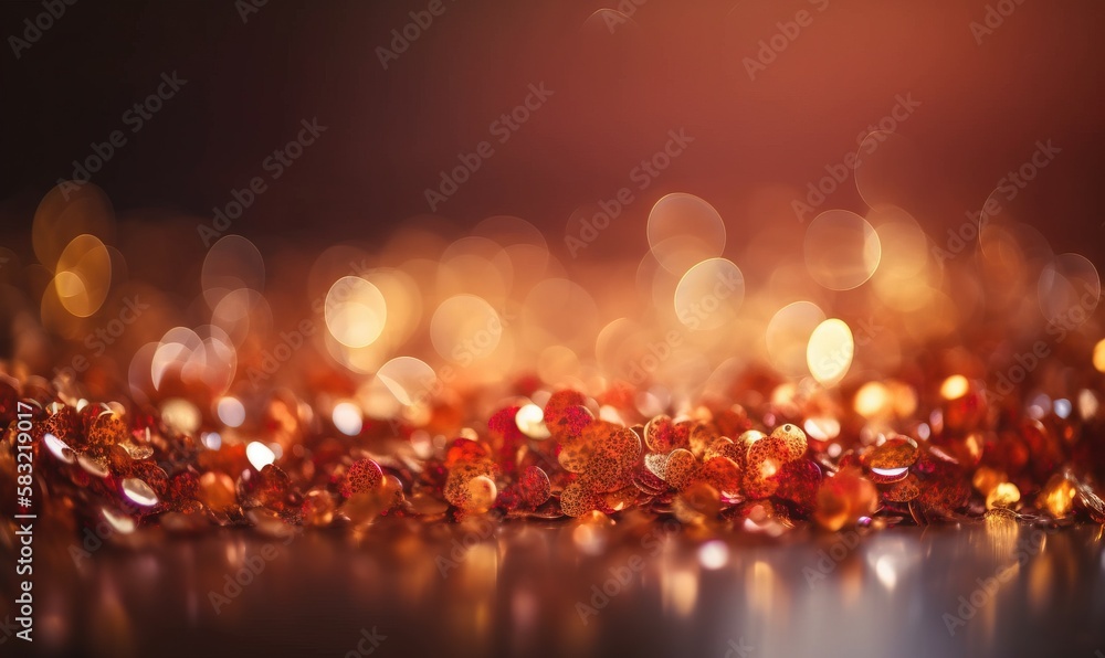 Aufkleber a close up of a bunch of red and yellow beads on a table with a blurry background of lights in the b