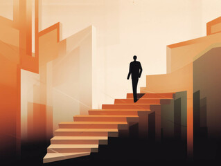 A businessperson in a suit walking up a set of stairs with a chart in their hand looking to the future.. AI generation.