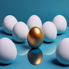 One golden egg among white eggs on blue background
