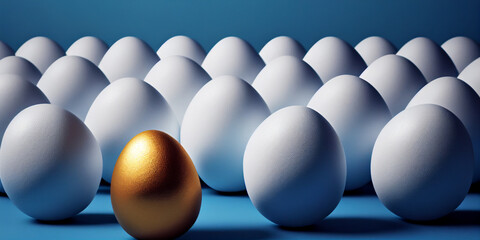 One golden egg among white eggs on blue background