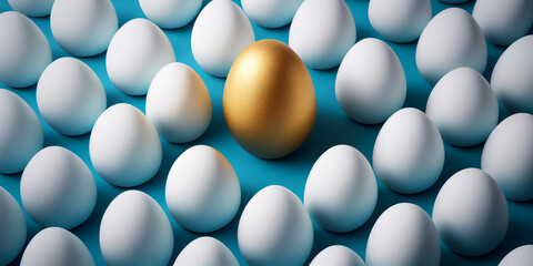 One golden egg among white eggs on blue background