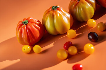 Beefsteak and cherry type tomatoes. Sun light, isolated orange background. Space fotr text.