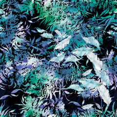 Seamless vintage pattern, feather, flowers,Plant in watercolor. Mimosa, acacia and other plants on a branch. Blossoming acacia or caragana tree. Fashionable background. Abstract splash of paint. 