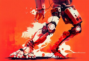 Watercolor Illustration of a Image Of Cyber Prosthetic Of Legs On Red Background. Generative AI
