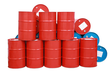 Red blue barrel oil.  Steel drum. Industry oil barrels, isolated background. 