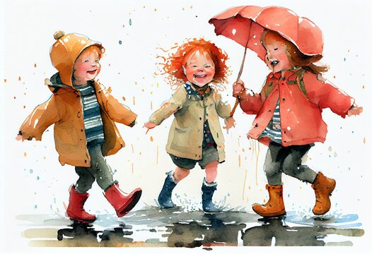 Watercolor Illustration of a Of Happy Kids Playing In Rain Puddles. Generative AI