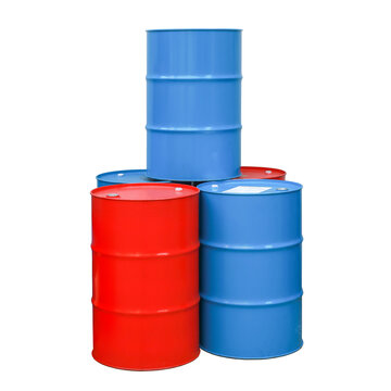 Red blue barrel oil.  Steel drum. Industry oil barrels, isolated background. 
