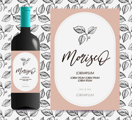 Vine label minimal elegant style with leaves bottle mock up vector 10 eps