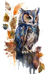 autumn owl watercolor illustration. Small wild nature bird sketch sitting on a branch. Isolated on white background