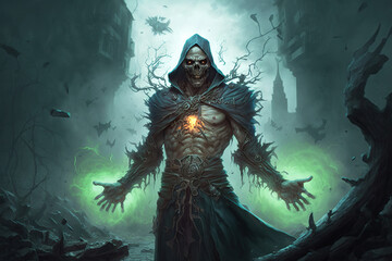 Fototapeta premium A sinister devastated necromancer in a spiked hood and a torn cloak over hundreds of rising zombie on the battlefield among the ruins art