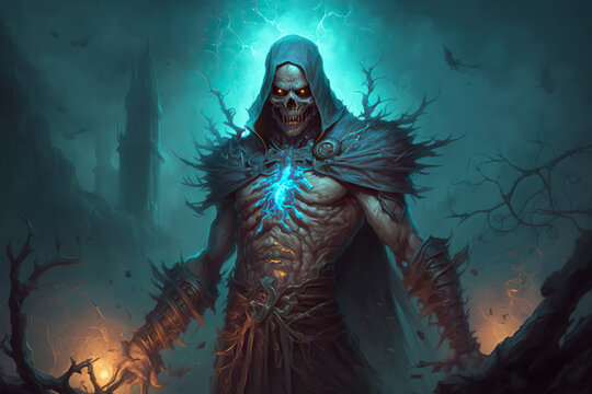A sinister devastated necromancer in a spiked hood and a torn cloak over hundreds of rising zombie on the battlefield among the ruins art
