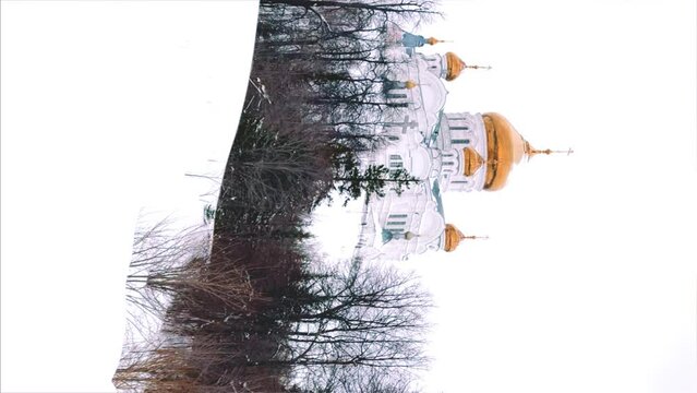 Belogorsky St. Nicholas Orthodox Missionary Monastery. Russia, Perm Krai, Belaya Gora. The temple on the hill in winter. Monastery on the background of snow. 4K