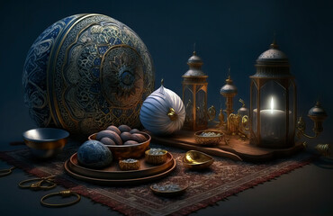 Ramadan and traditional islamic decoration background. Ramadan and Eid-Ul-Adha design celebration. Islamic greeting card and cultural concept. Ai generated art