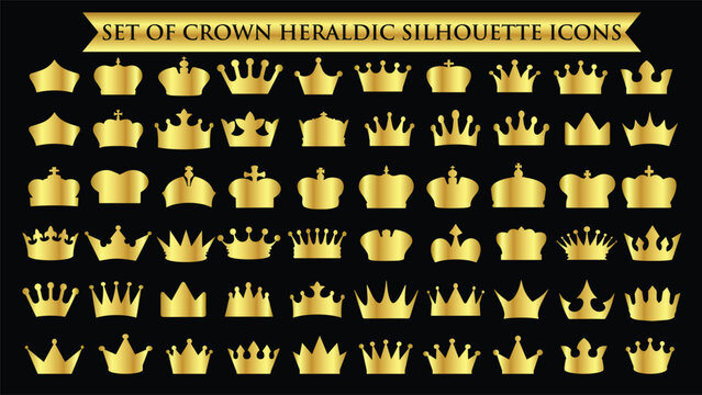 Set of golden crown icons. Royals crown symbol collection. Crown gold icons set. Golden crown silhouette set. Crown golden symbol collection. Gold crown symbol signs. vector illustration