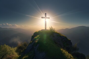 Shining Jesus Christ Cross Crucifix Christianity on Top of a Hill
