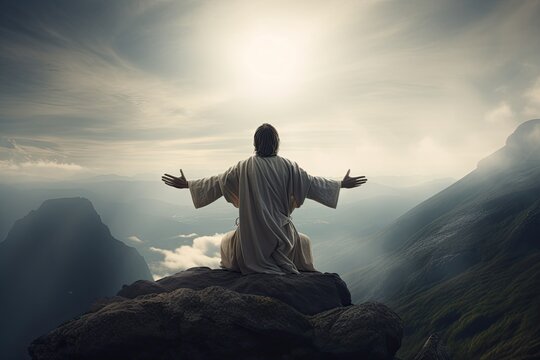 Jesus Christ With Open Arms Over Mountain Valley