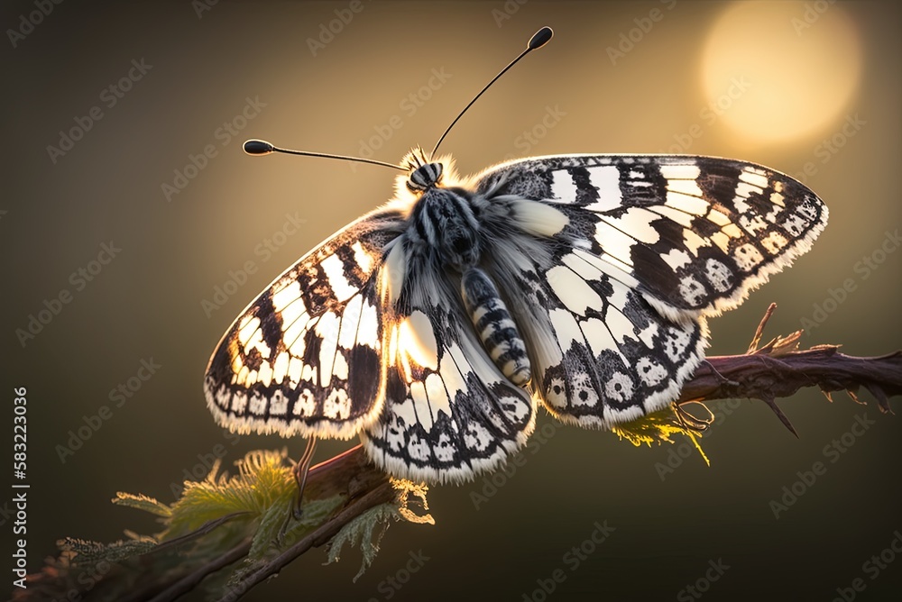 Poster hazy scene of a white, marbled butterfly perched on a tree limb in bright sunshine generative ai