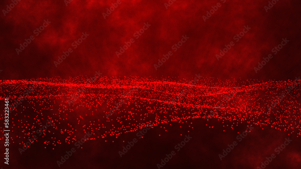 Poster futuristic red dots and smoke particles flowing wavy. abstract red with dust particle on the white b
