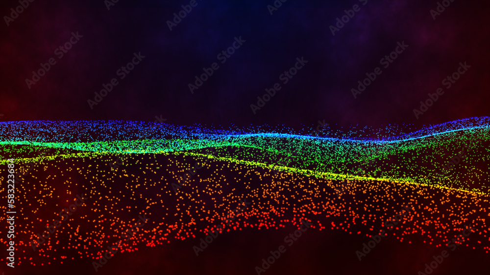 Poster multicolor particles dots wave flowing over dark. 3d rendering. flowing dot and smoke particles wave