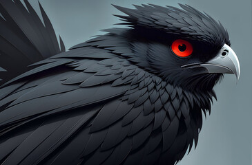 Fototapeta premium Dark evil bird with crest on head and red eyes, side view, close up, cartoon art.