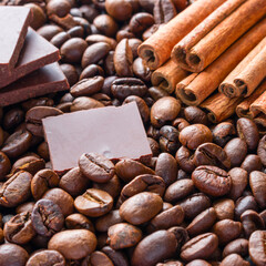 slices of dark chocolate on the background of cinnamon sticks and coffee beans