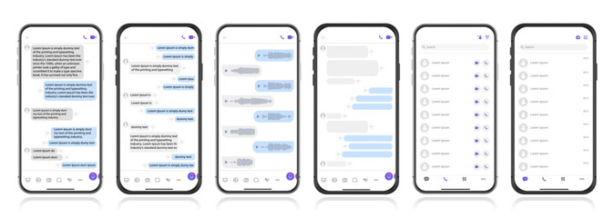 Smartphone with messenger chat screen and voice wave. Social media design concept. SMS bubble template for composing dialogues. Modern vector illustration in flat style. On a black background.