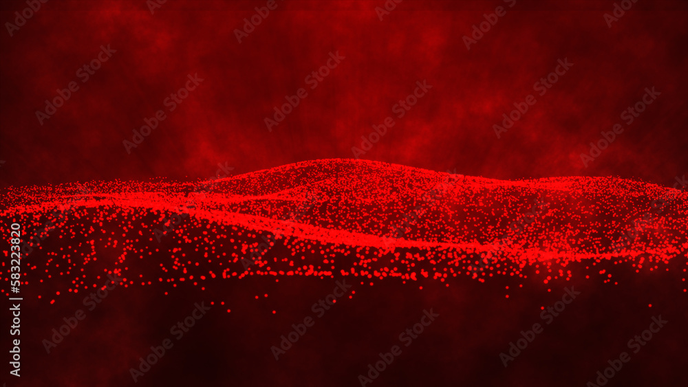 Poster red dots particles wave pattern halftone gradient curve shape isolated on red smoke background. big 