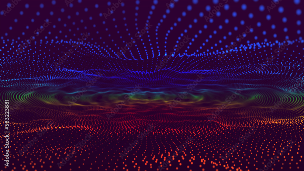Poster Abstract trapcode form digital particle wave and lights background. 3d wave points fractal grid. Trapcode form, Glowing dots and depf of field.