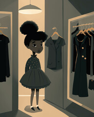 A joyful black girl trying on a n outfit in a chic dressing room.. AI generation.