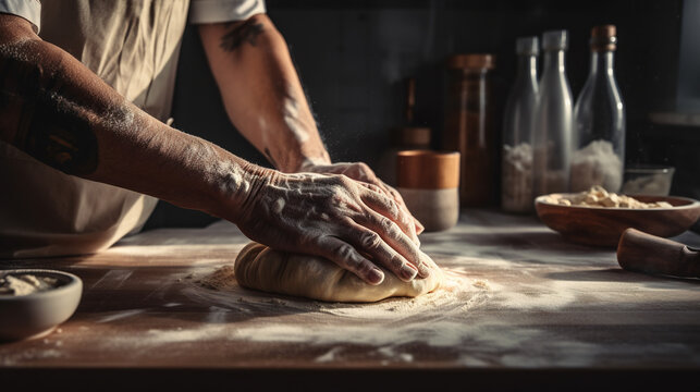 Cook hands kneading dough, sprinkling piece of dough with white wheat flour, pizza , Generative AI