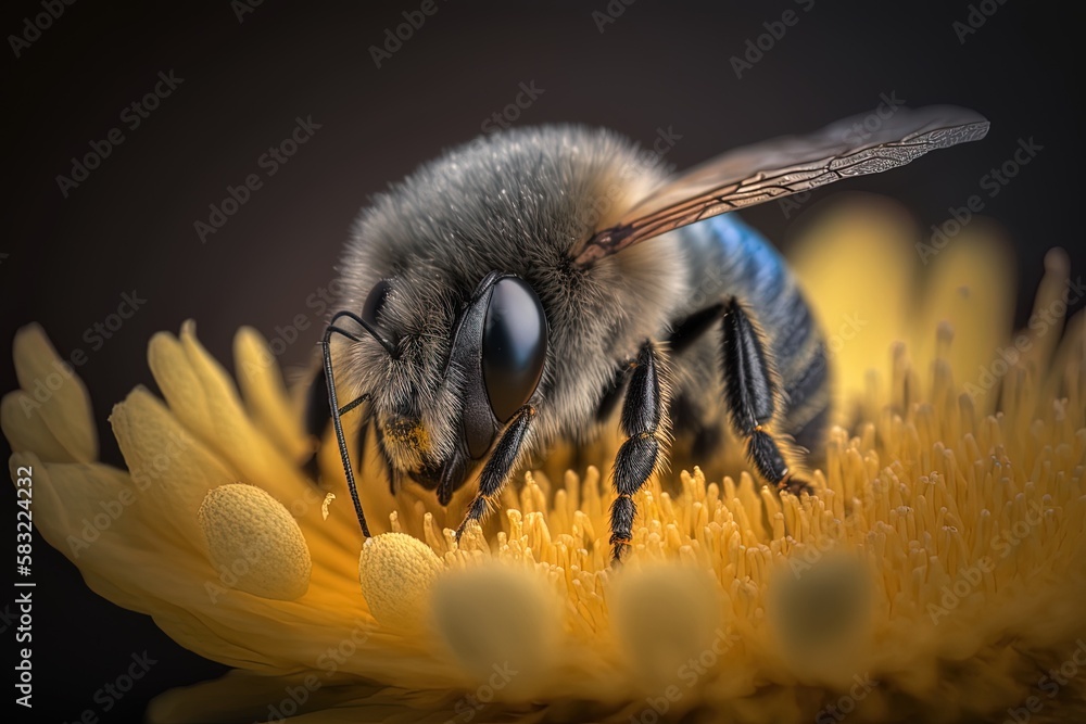 Poster the bee's pollen basket is bulging as it returns from a yellow blossom, which was photographed at a 